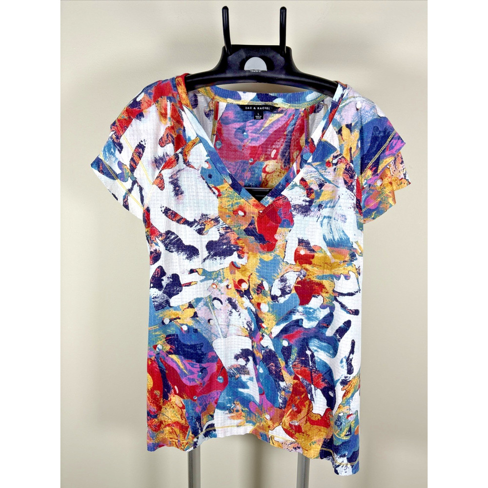 Zac & Rachel Multicolored Abstract Flutter Short Sleeve V-Neck Top T-Shirt L